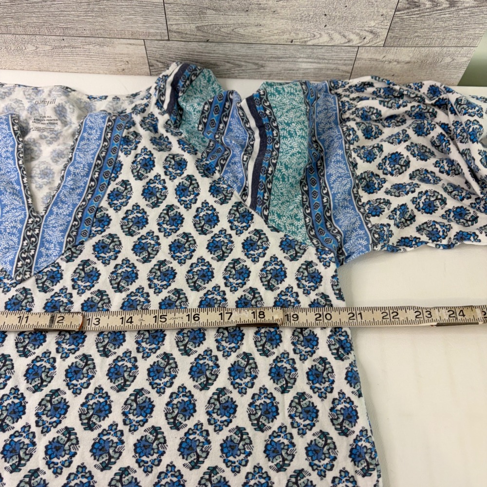 Pure Jill Tunic Top Womens M Blue Border Print Split Neck Cotton Modal 3/4 Slv - Picture 6 of 8